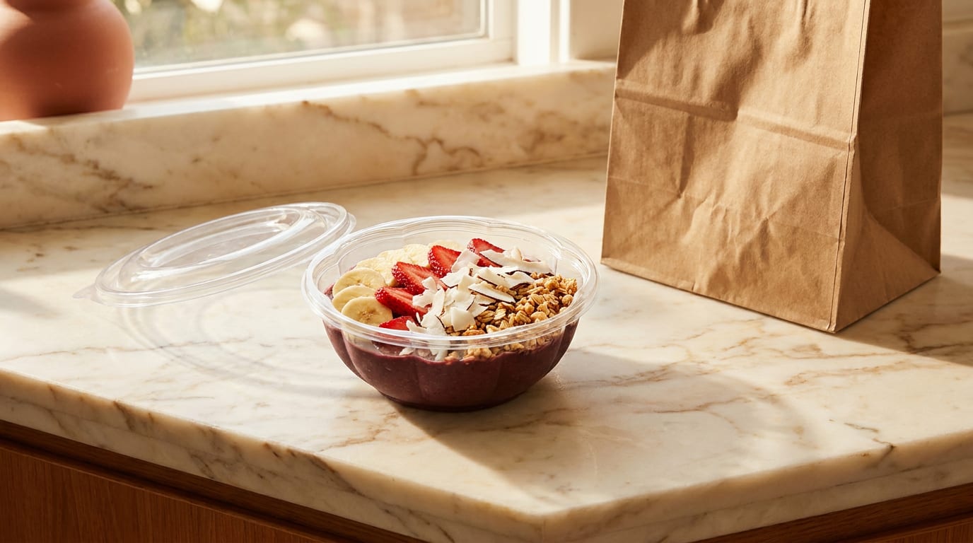 An açaí bowl in a to go container with a paper delivery bag, ready to leave the counter