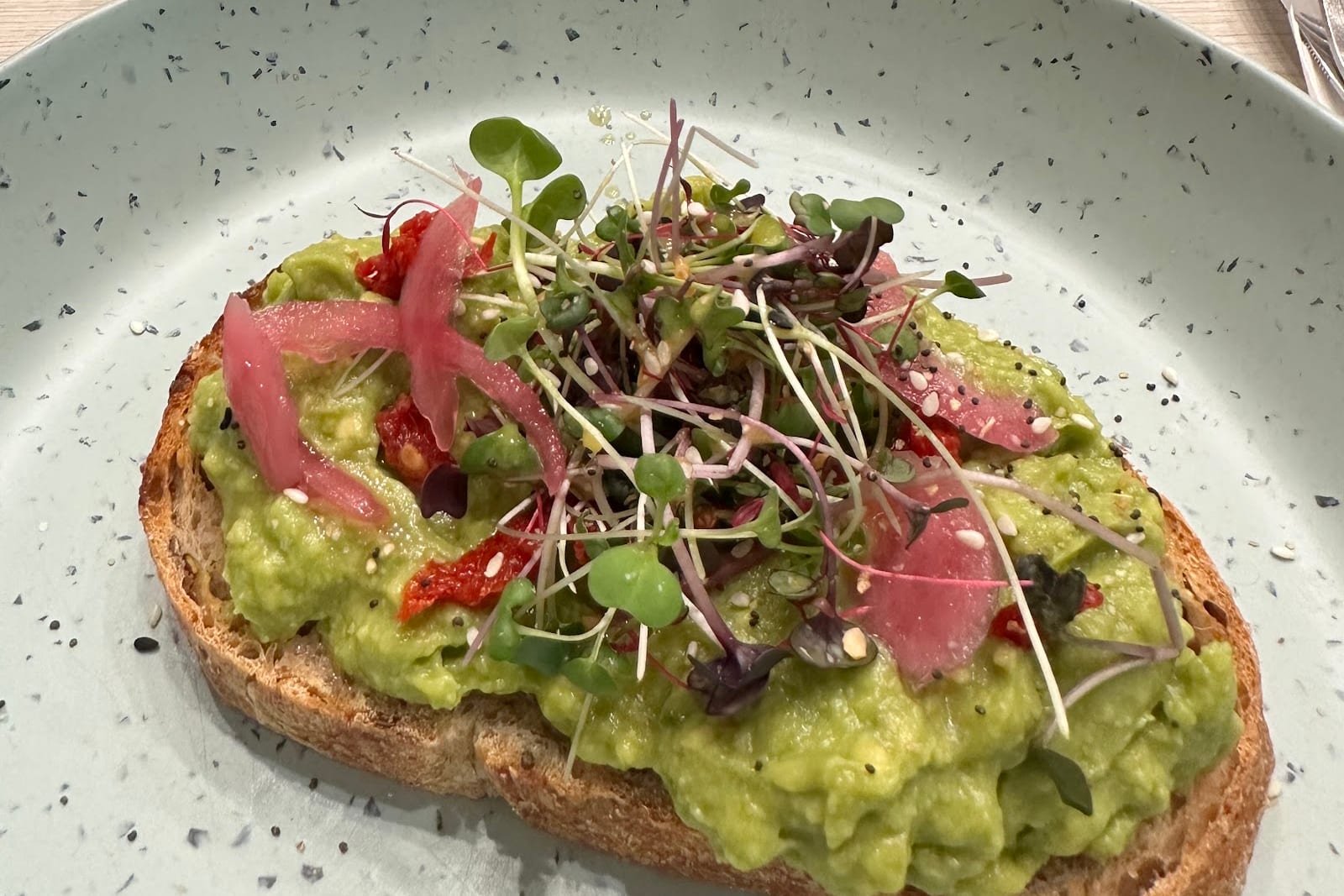 Avocado toast with pickled onions and microgreens on multigrain bread at GROU Coffee + Cowork in Coral Gables
