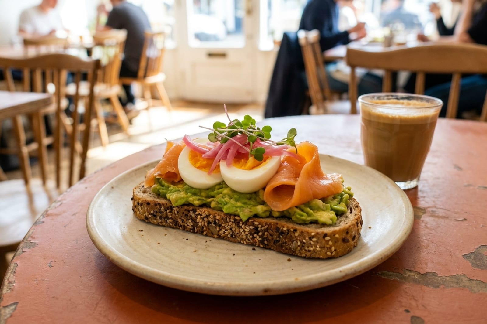 Avocado toast topped with hard boiled egg and smoked salmon beside a cortado at GROU in Coral Gables
