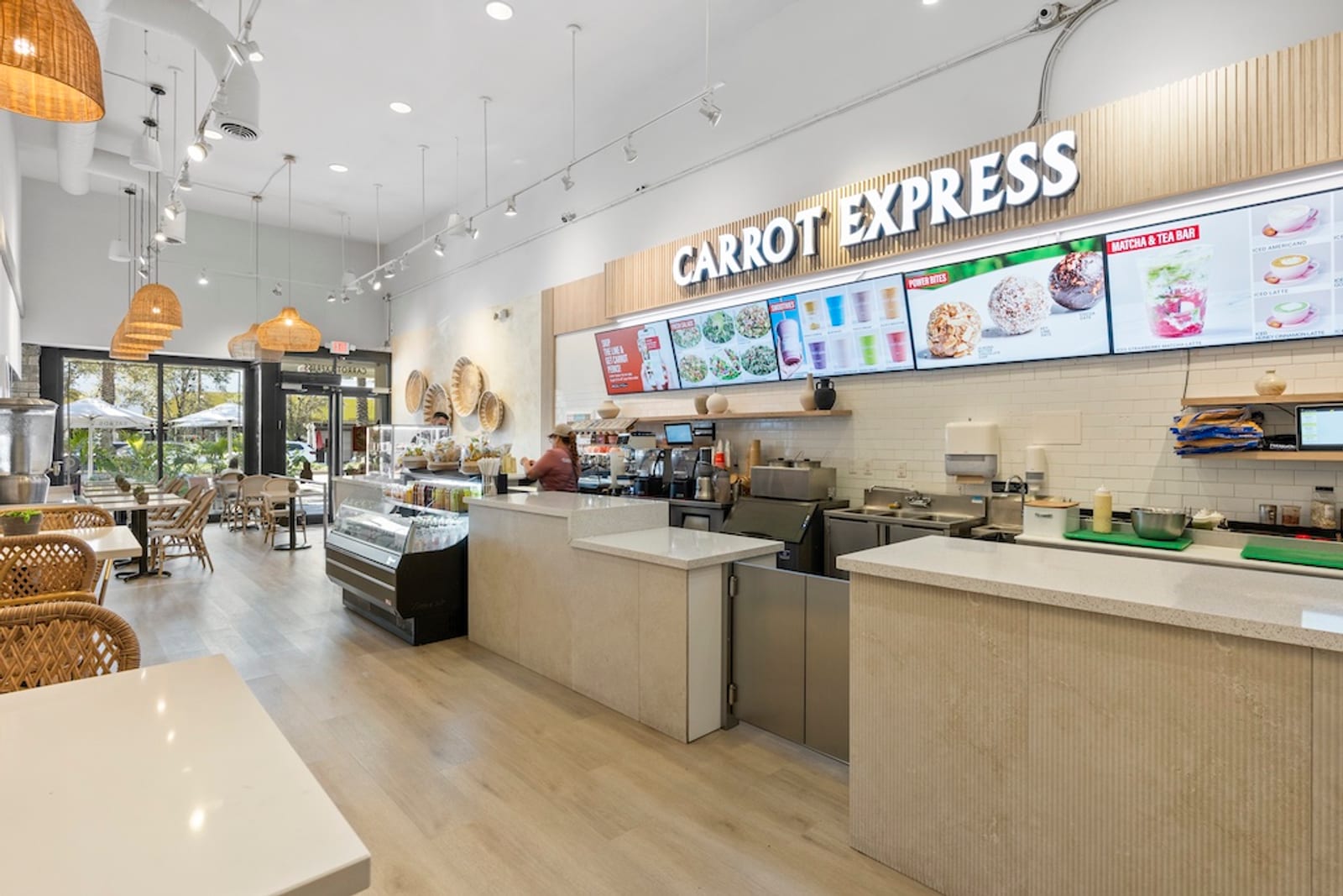 Counter and menu boards at Carrot Express on Miracle Mile in Coral Gables