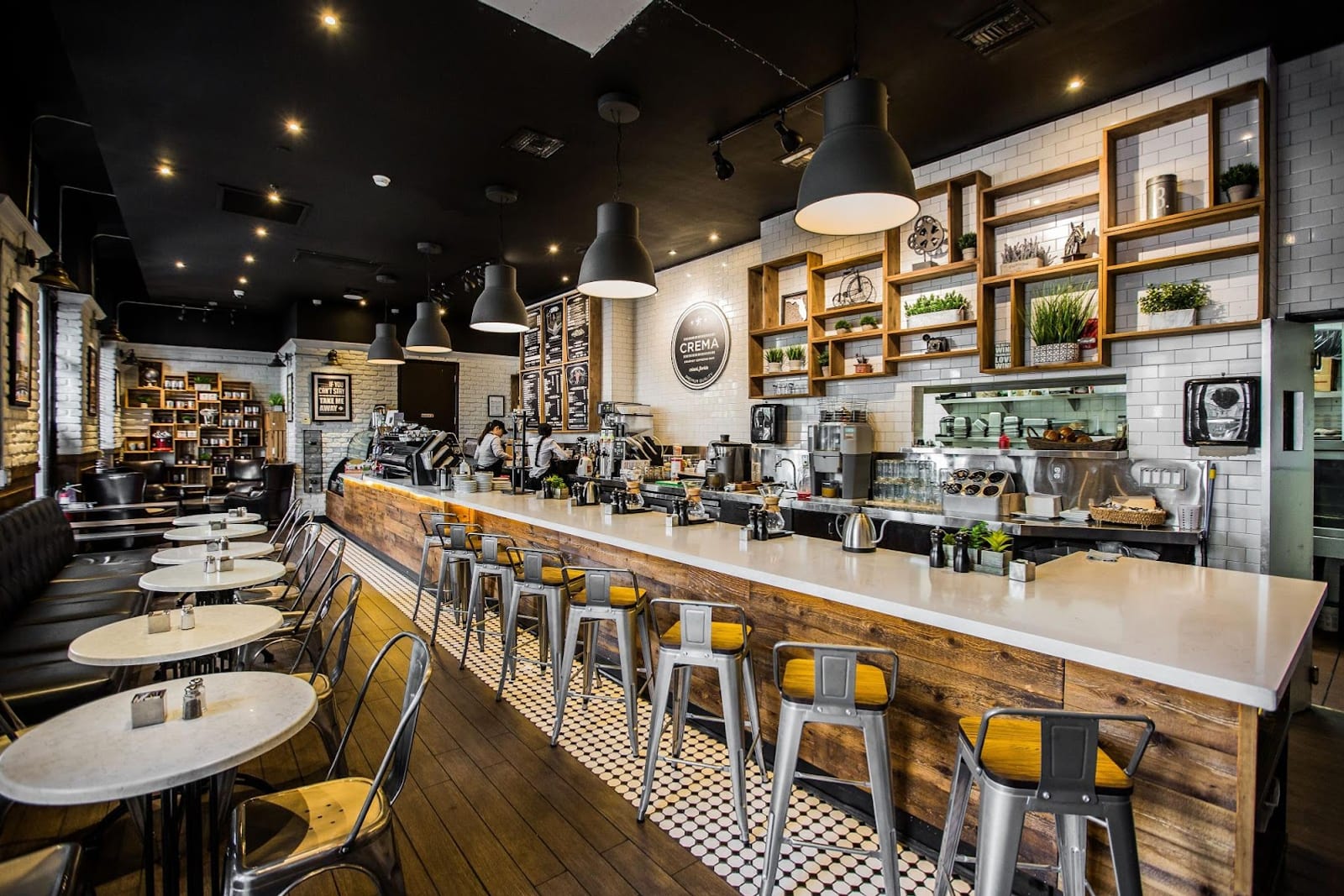 Espresso bar and seating at Crema Gourmet Espresso Bar in Coral Gables