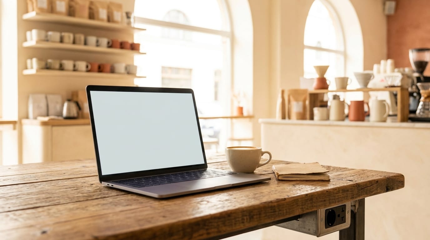 A laptop, a flat white and a notebook on a large wooden table beside a power outlet in a Miami coffee shop