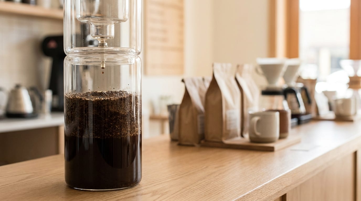 Cold brew steeping in a glass vessel with coarse coffee grounds