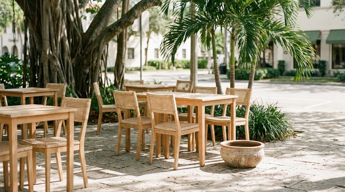 Shaded outdoor cafe patio in Coral Gables with a water bowl beside the table