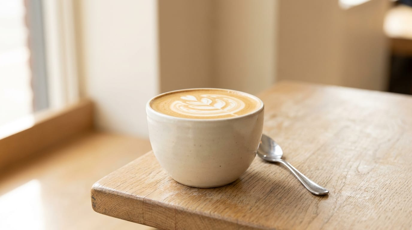 Flat white in a ceramic cup with glossy microfoam and rosetta latte art