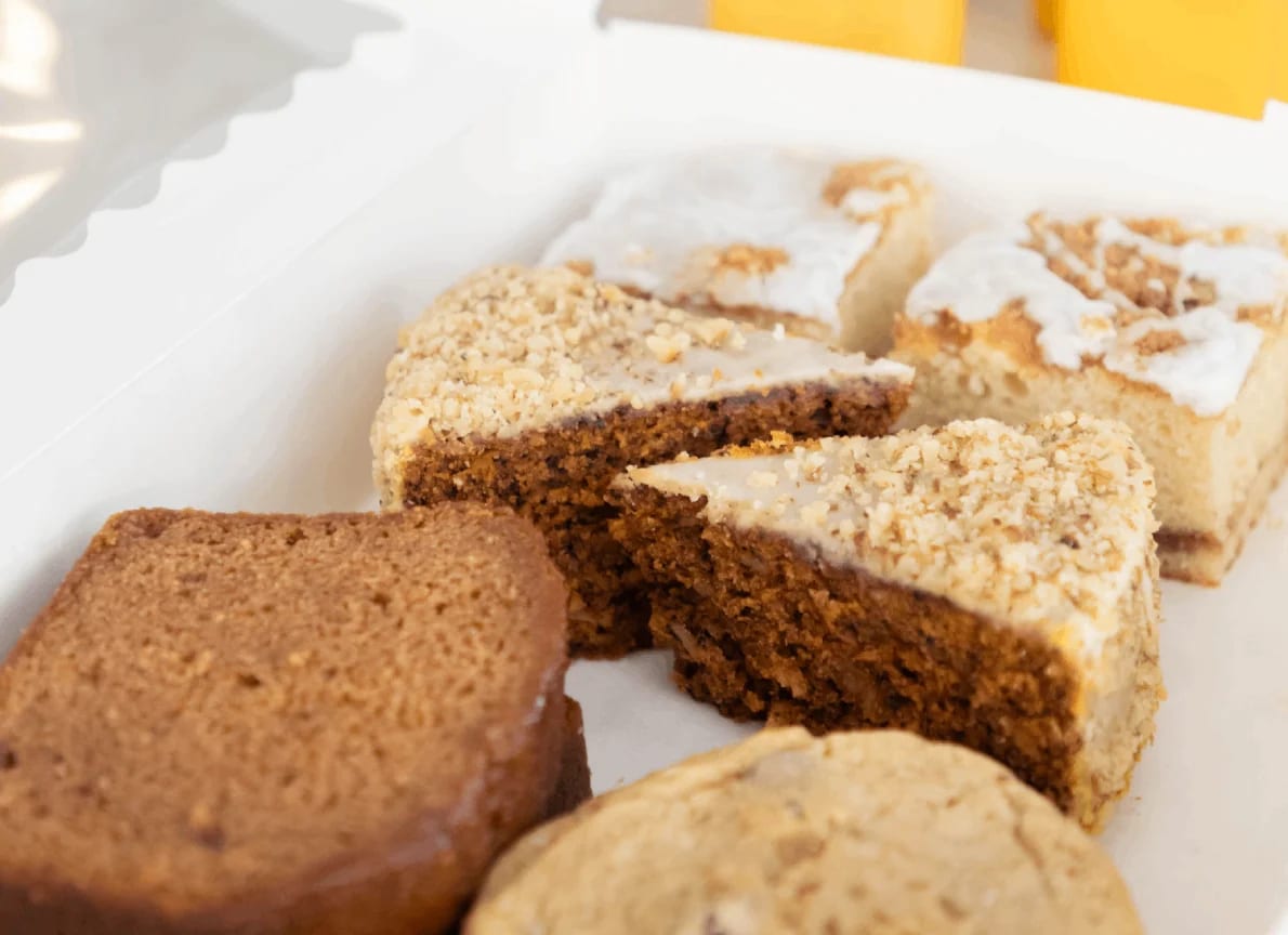 GROU dessert box with coffee cake, guava bread, banana bread and a cookie