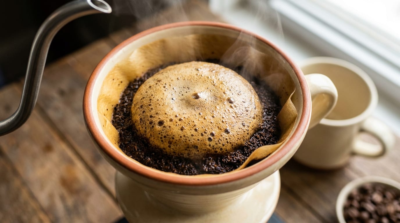 Fresh coffee grounds blooming into a dome of foam in a pour over dripper