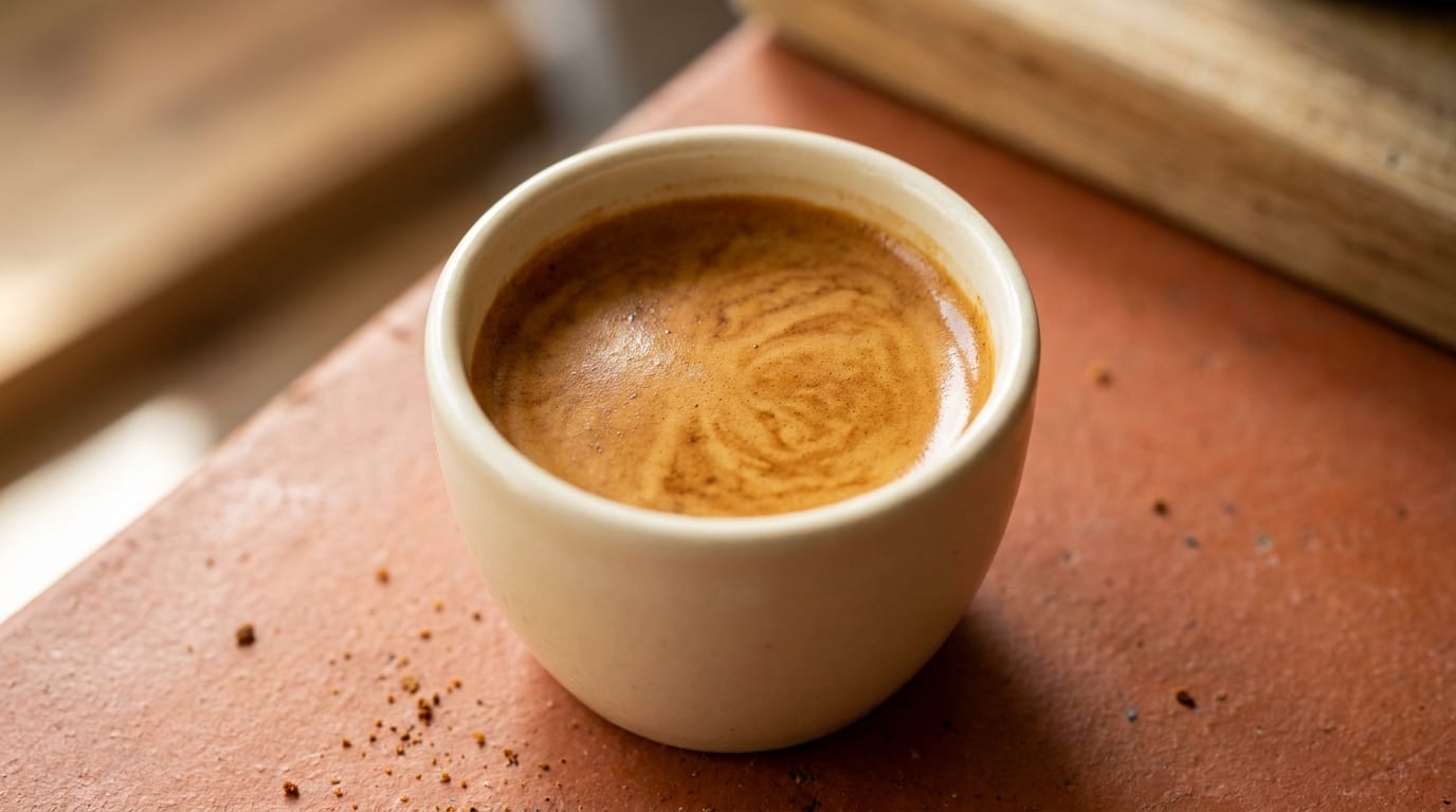 Thick reddish-brown crema on a freshly pulled espresso in a cream ceramic cup