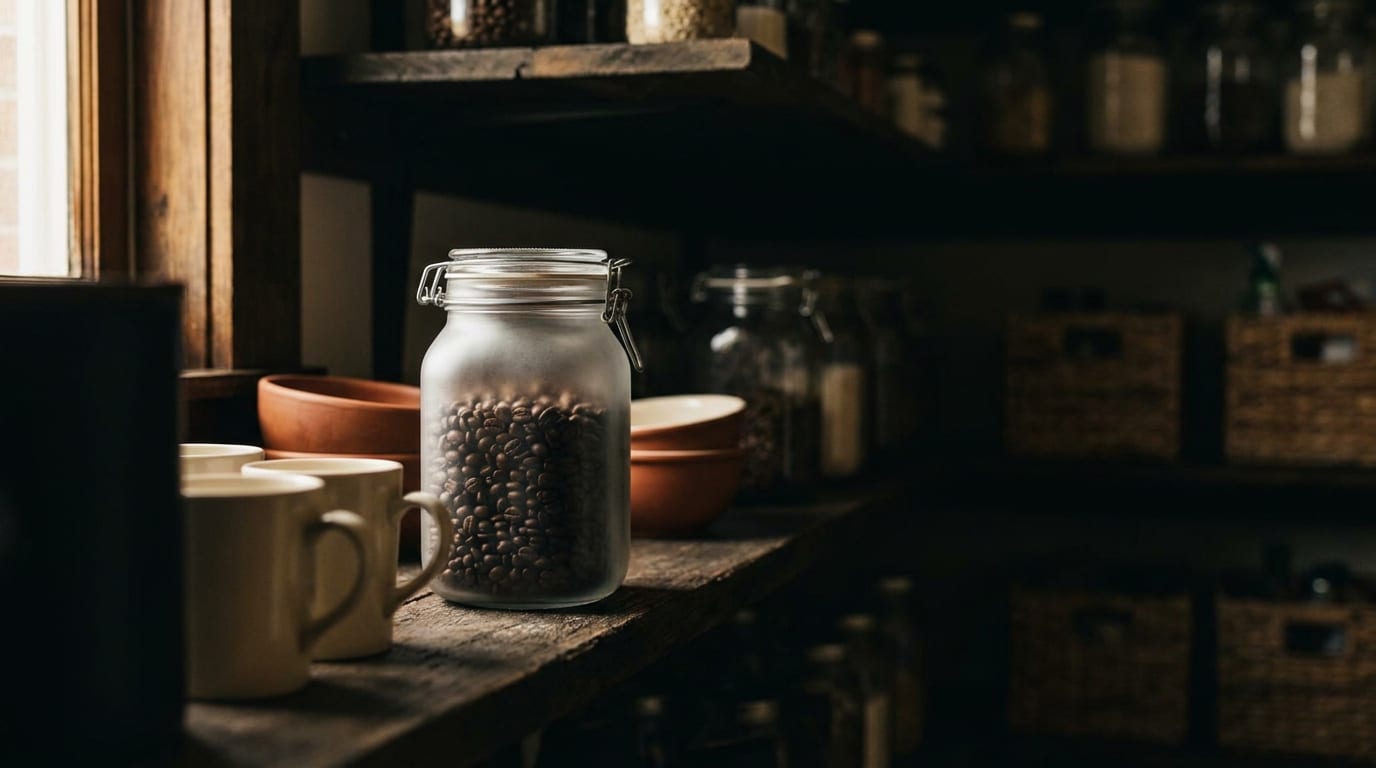 An airtight glass jar of whole coffee beans stored on a dark, cool pantry shelf