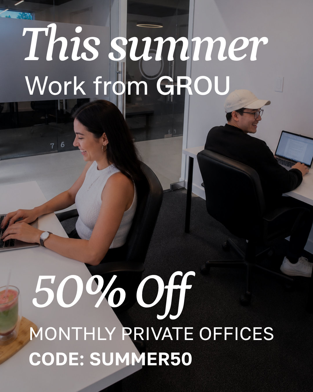 Promo GROU Summer50: 50% off en oficinas privadas mensuales en Coral Gables, código SUMMER50