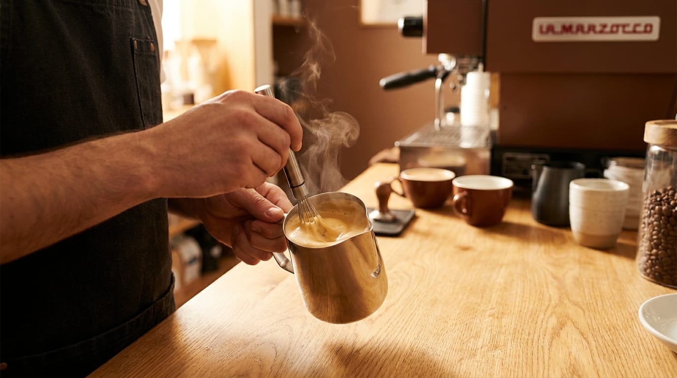 Whipping sugar with the first drops of espresso to make the espumita of a cortadito